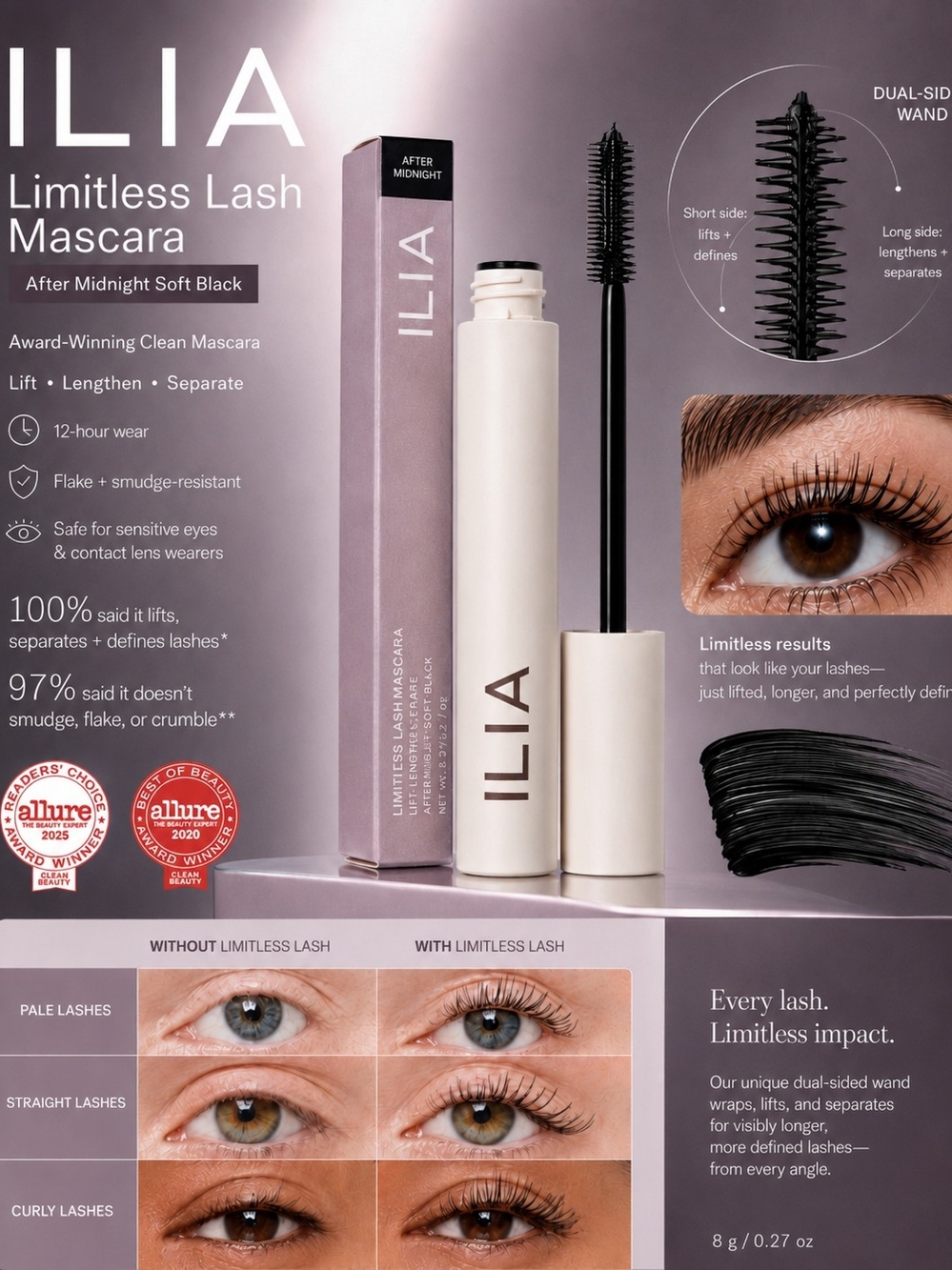 ILIA Limitless Lash Mascara – After Midnight Soft Black – 8 g / 0.27 oz